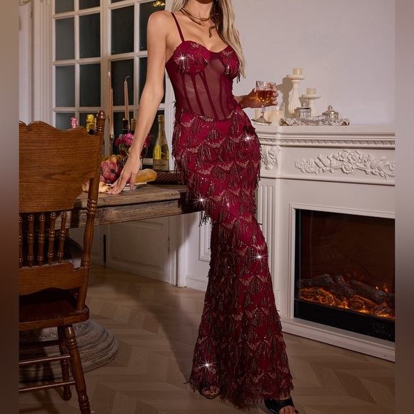 NWT Mew Mews Sequin Fringe Maxi Dress Ottis in Red, Size Small - Picture 1 of 5